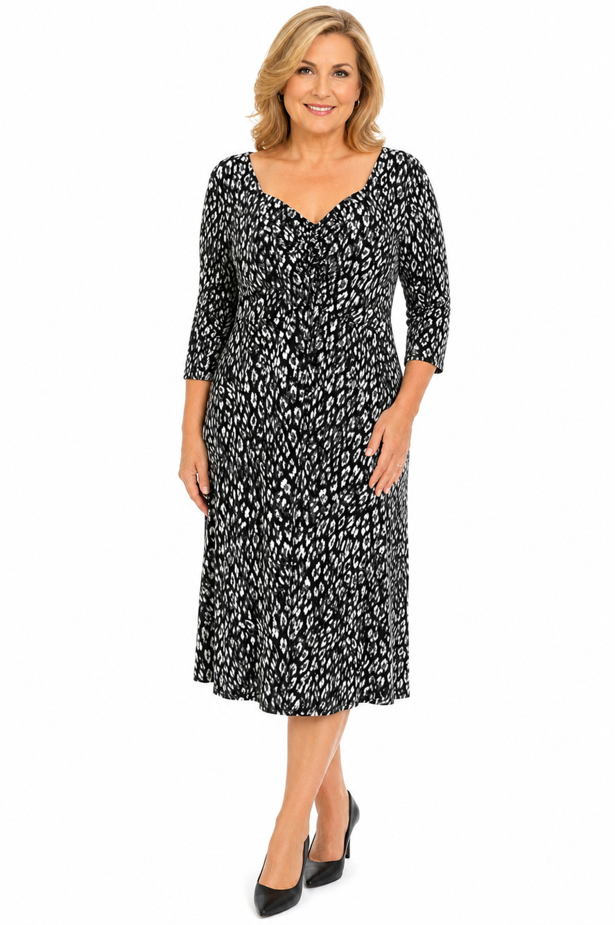 June + Vie Womens Black Gray Leopard Print Jersey Knit Midi Stretch Dress sz 1X